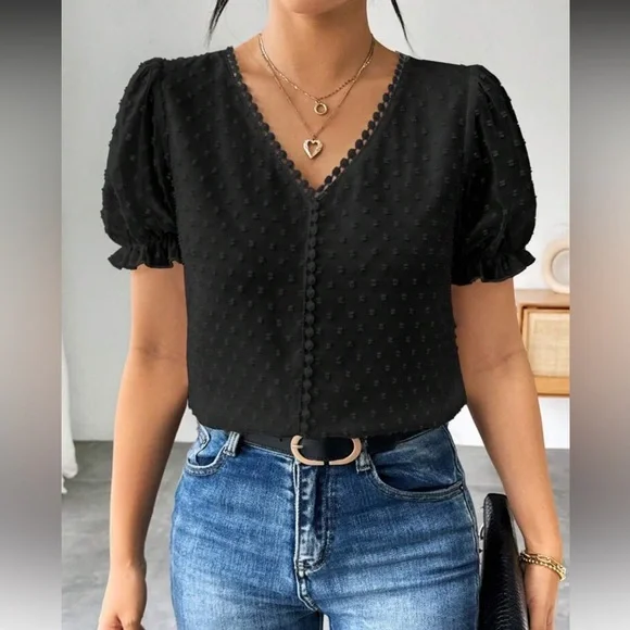 Elegant Burgundy Swiss Dot Puff Sleeve Top - Picture 15 of 16